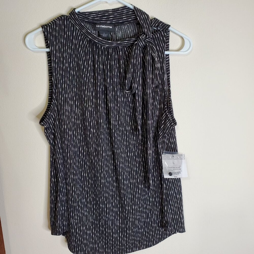 Elegant Liz Claiborne Black & White Striped Sleeveless Top with Bow